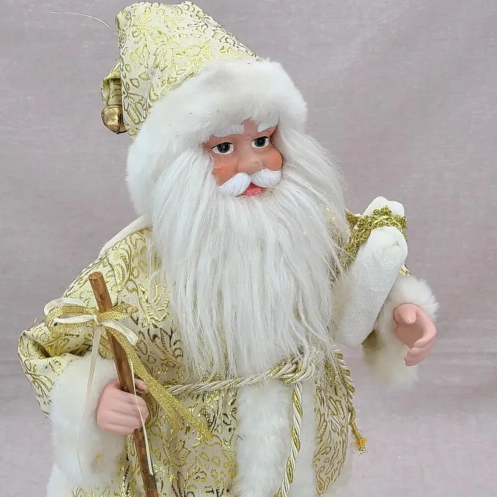 Vintage Santa Claus Figurine - White Gold With Staff, Faux Fur Trim - 18